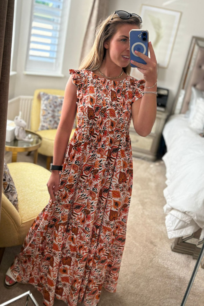 Abstract Burnt Orange Frill Sleeve Dress