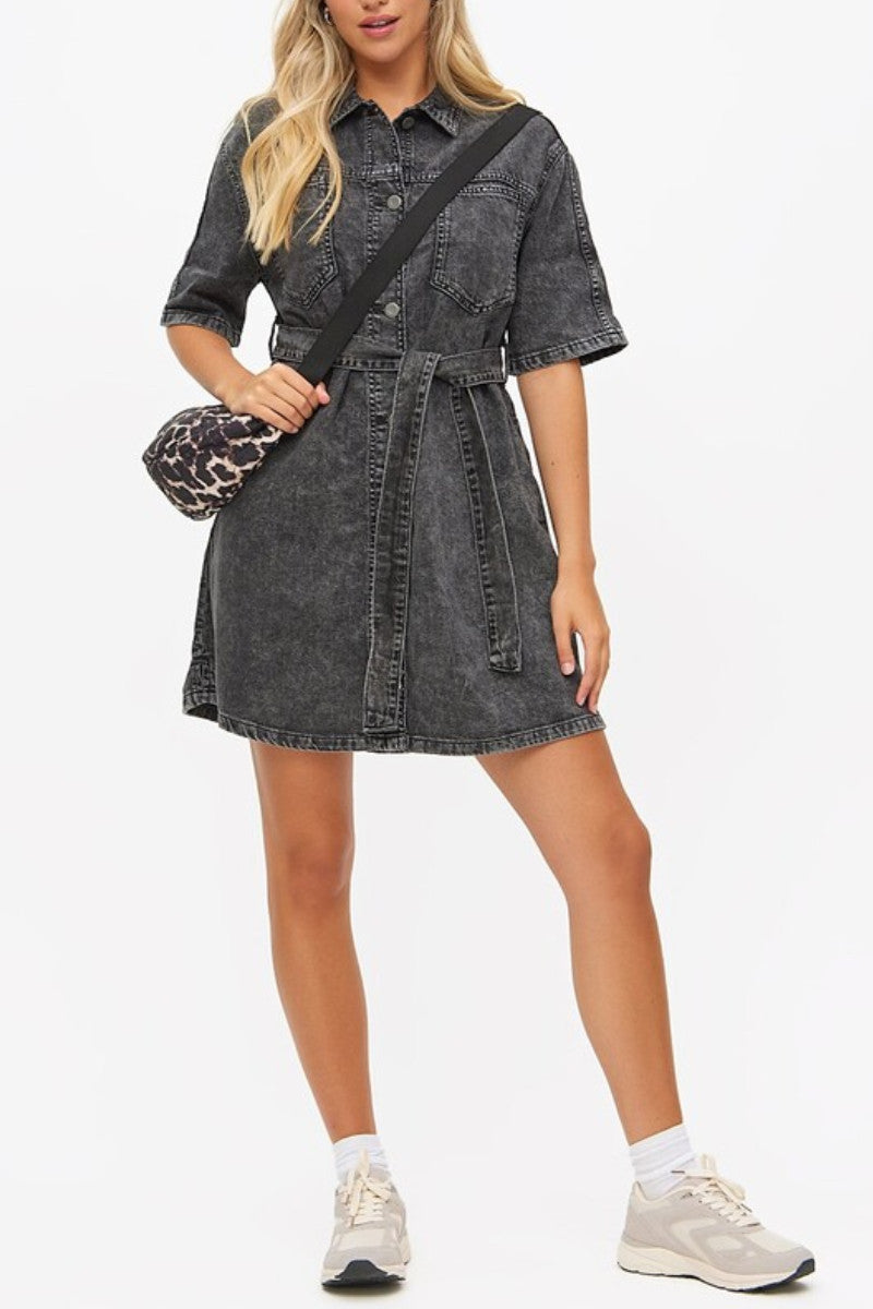 Ex TU Grey Acid Wash Denim Oversized Shirt Dress
