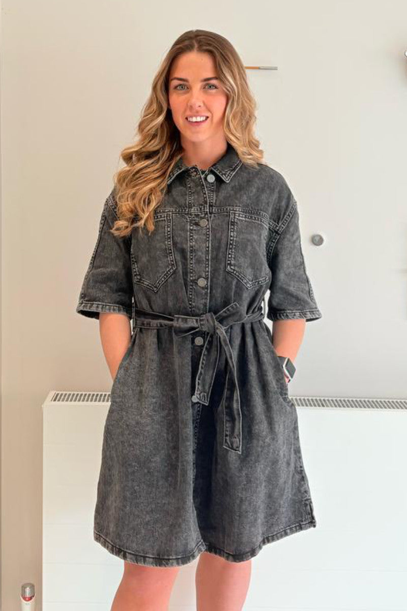 Ex TU Grey Acid Wash Denim Oversized Shirt Dress