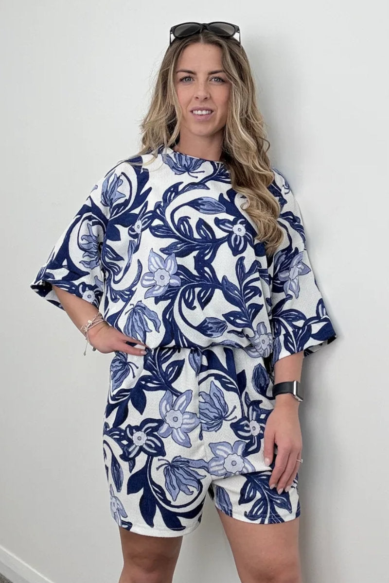 Blue & White Printed Top