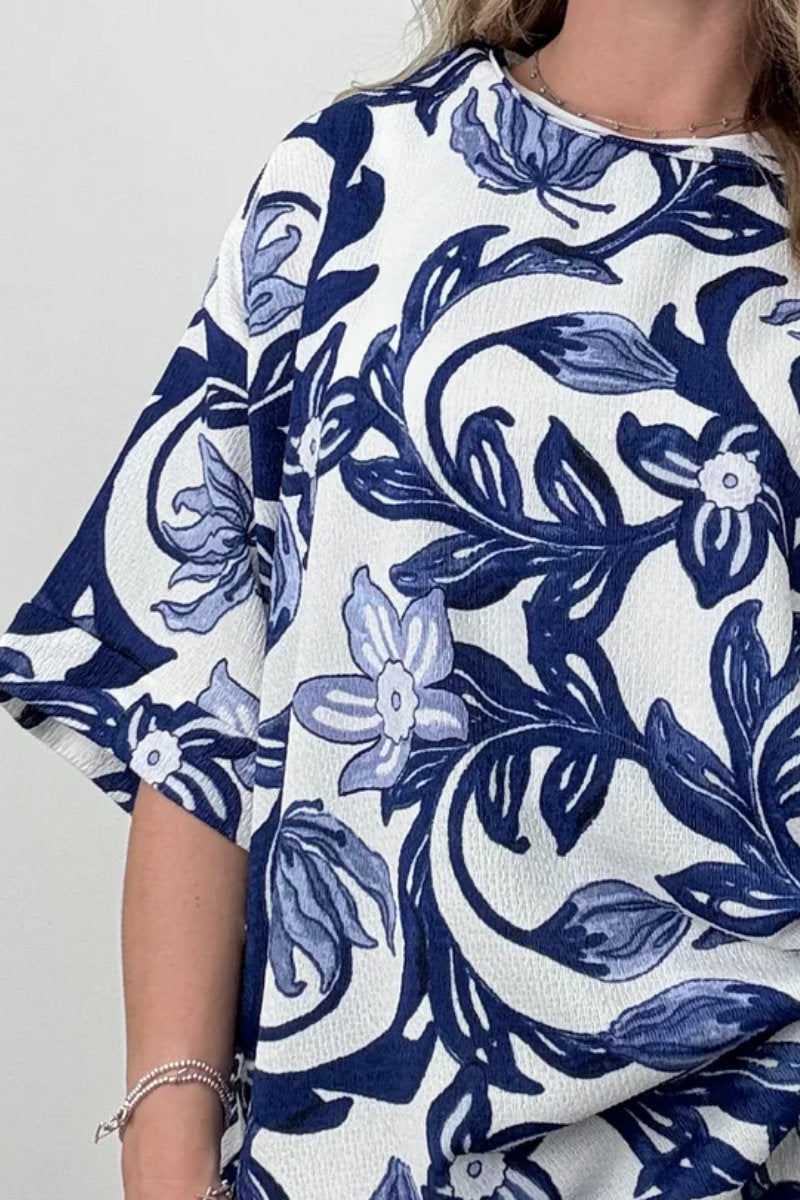 Blue & White Printed Top