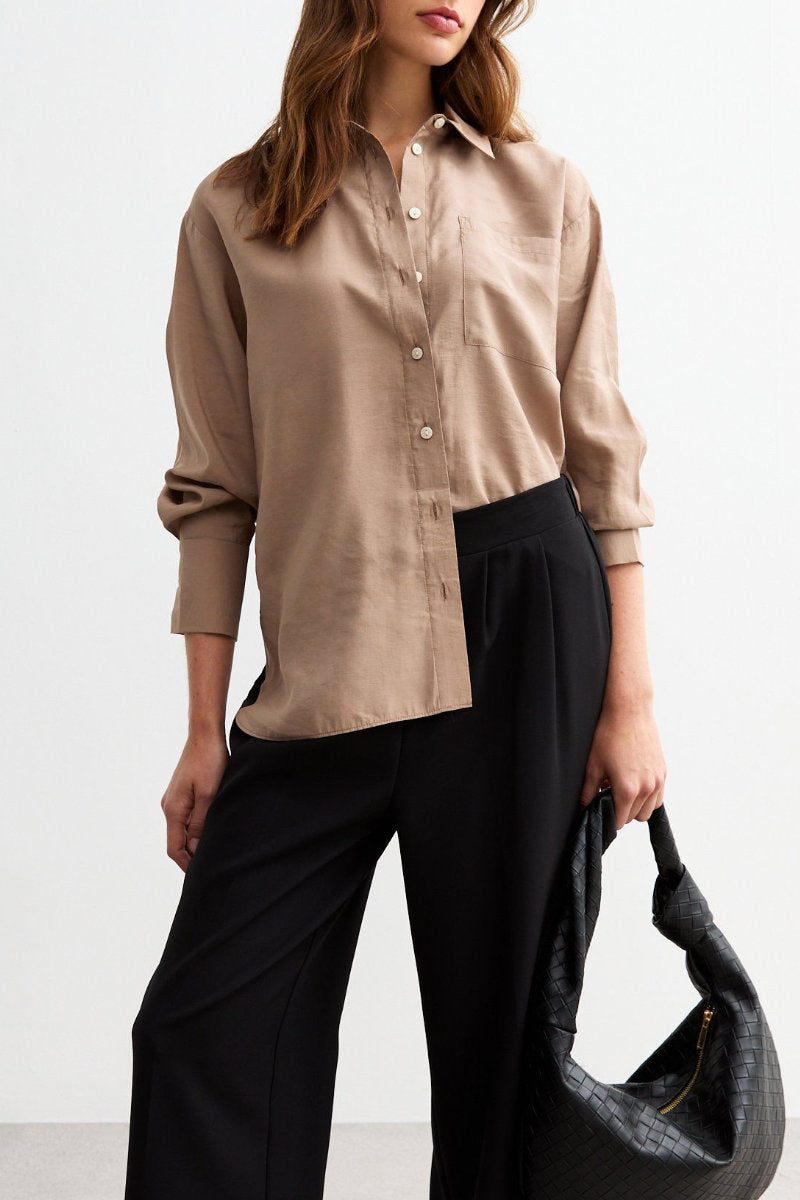 Ex New Look Textured Long Sleeve Pocket Shirt Camel