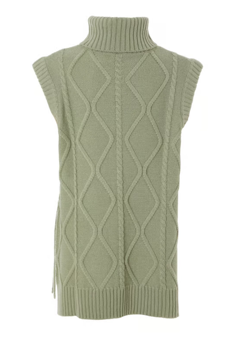 Ex Quiz Sage Tie Side Cable Knit Roll Neck Tunic