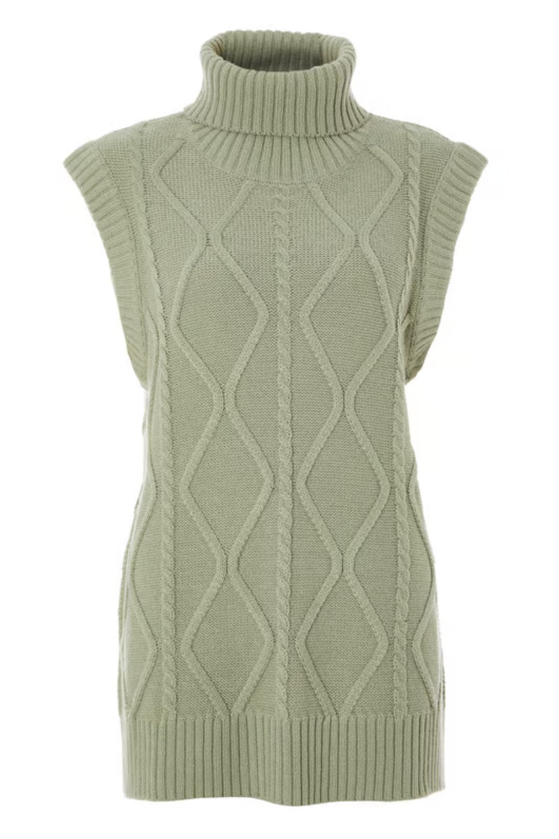 Ex Quiz Sage Tie Side Cable Knit Roll Neck Tunic