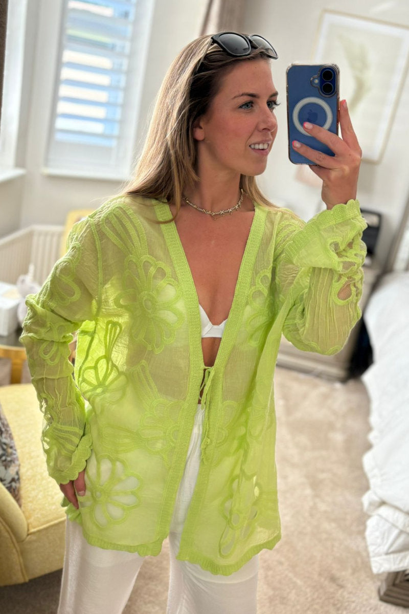 Sheer Embroidered Tie-Front Cover-Up in Green