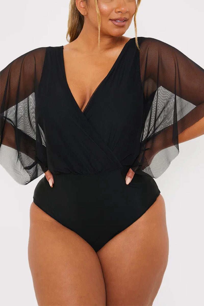 Celebrity Label Black Mesh Overlay Kimono Style Swimsuit