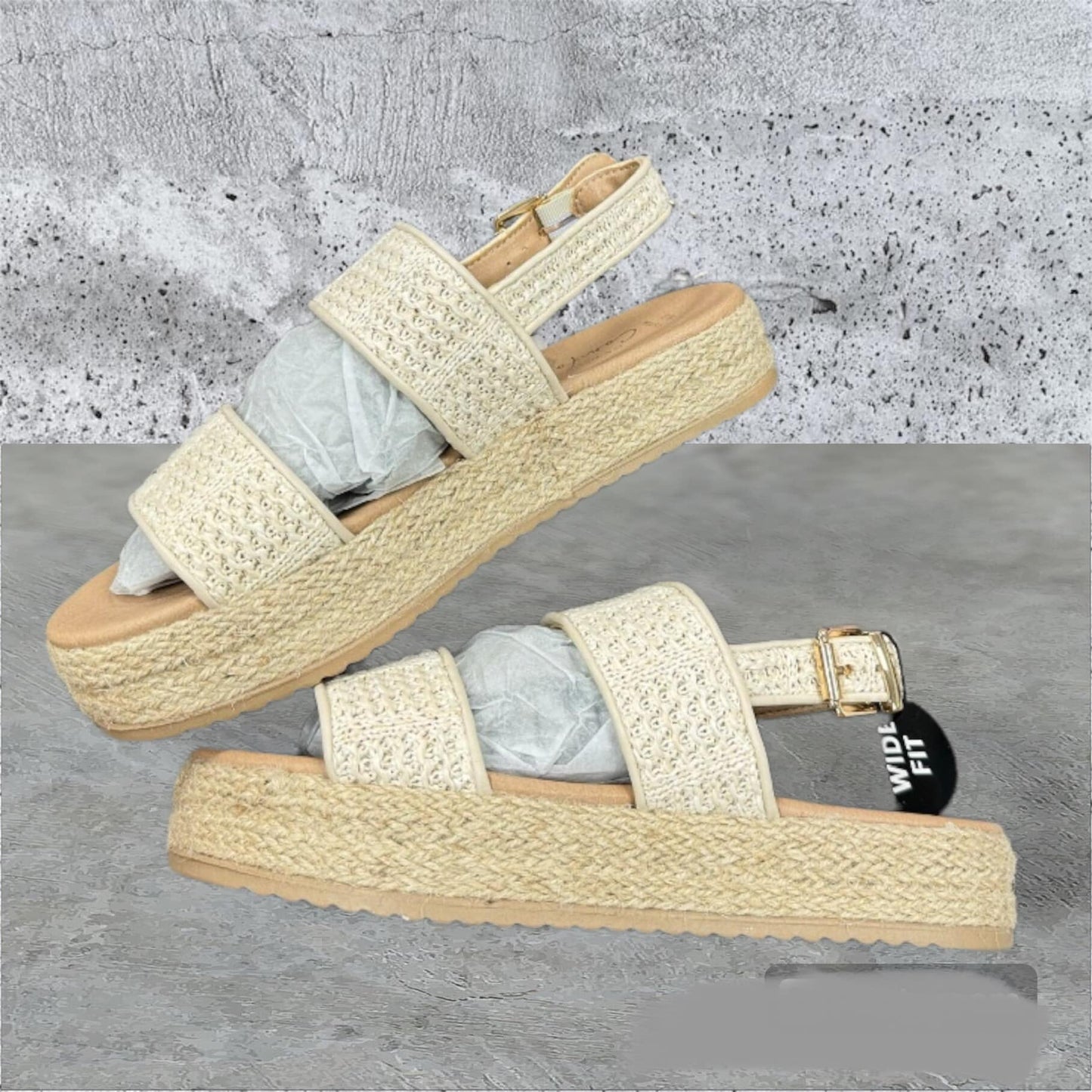 Ladies Wide Fit Off White Raffia Espadrille Flatform Sandals