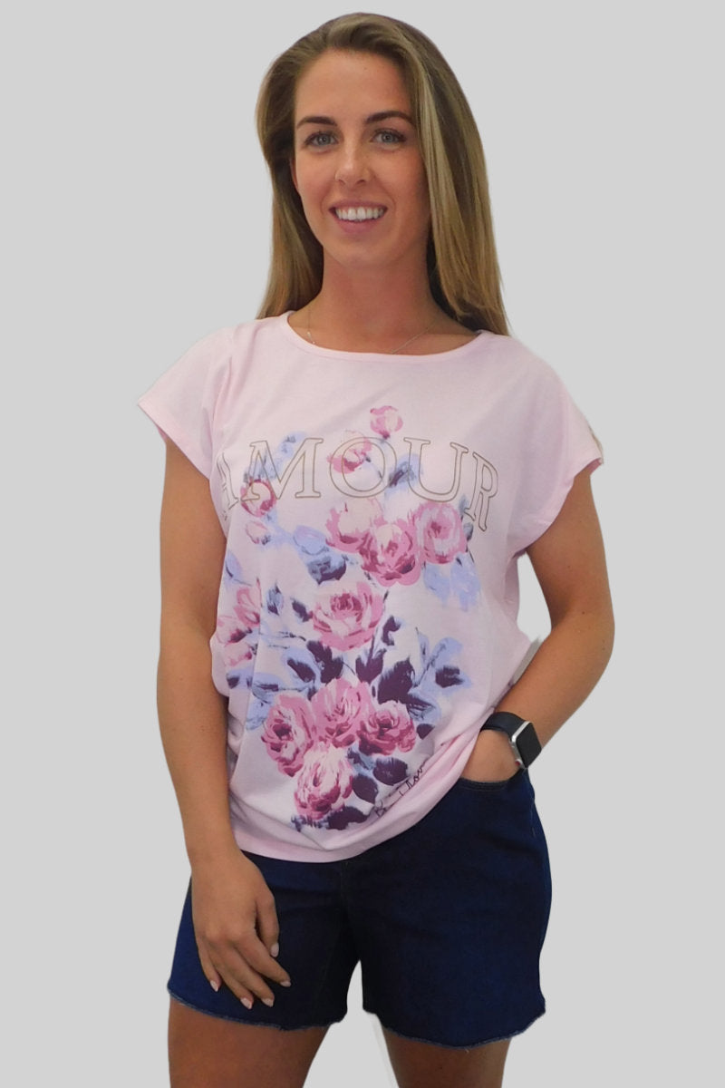 Ladies Pink Floral "AMOUR" Tee with Inspirational Message