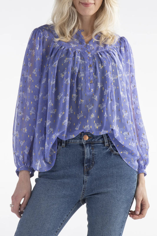 Famous Store Blue & Gold Sheer Blouse