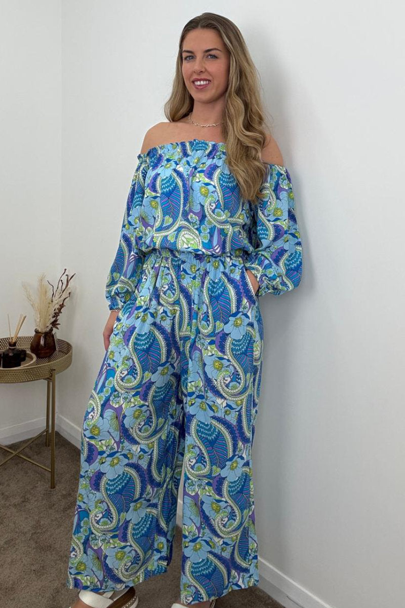 Blue Paisley Off Shoulder Wide Leg Jumpsuit