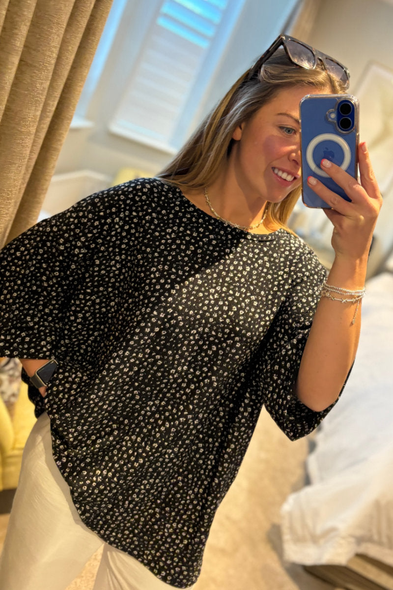 Ladies Black & White Flower Top