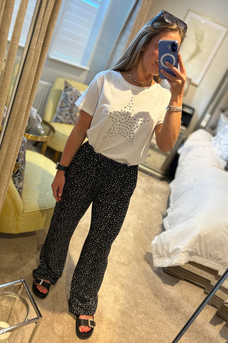 Ladies Black & White Flower Trousers