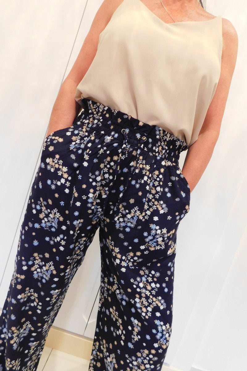 Famous Store Ladies Linen Blend Wide Leg Blue Floral Print Trousers