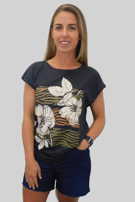 Ladies Trendy Charcoal Tee with Abstract Flowers and Animal Print