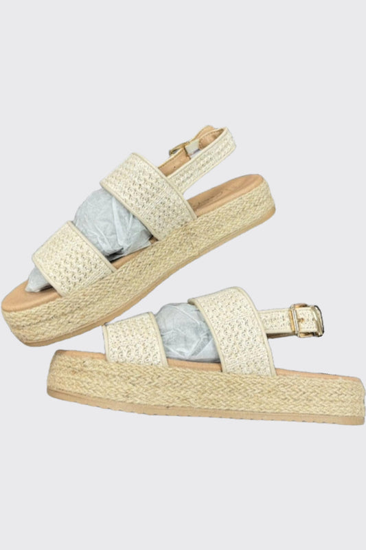 Ladies Wide Fit Off White Raffia Espadrille Flatform Sandals