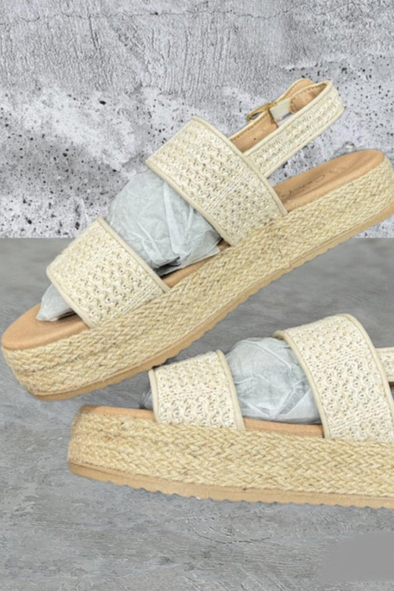 Ladies Wide Fit Off White Raffia Espadrille Flatform Sandals