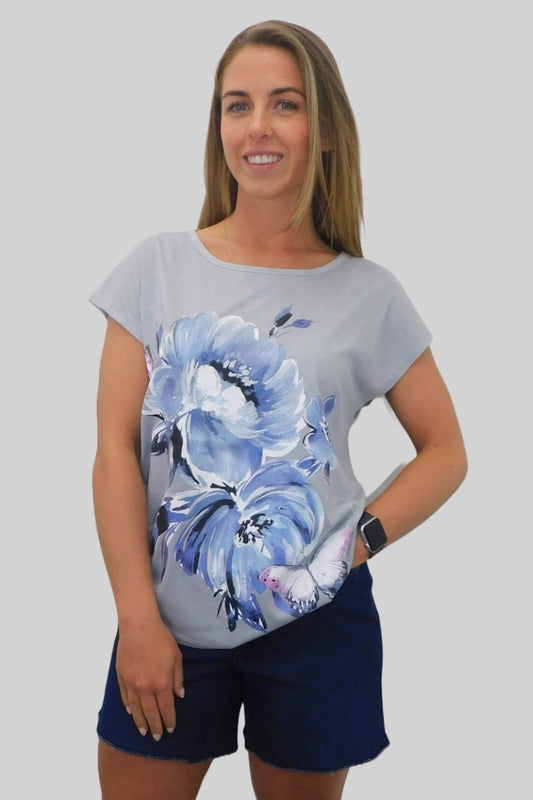 Ladies Elegant Grey & Blue Floral Butterfly Tee