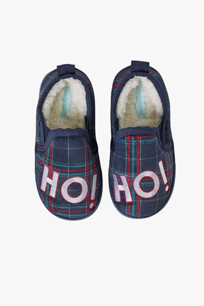 Kids HO HO Christmas Check Slippers