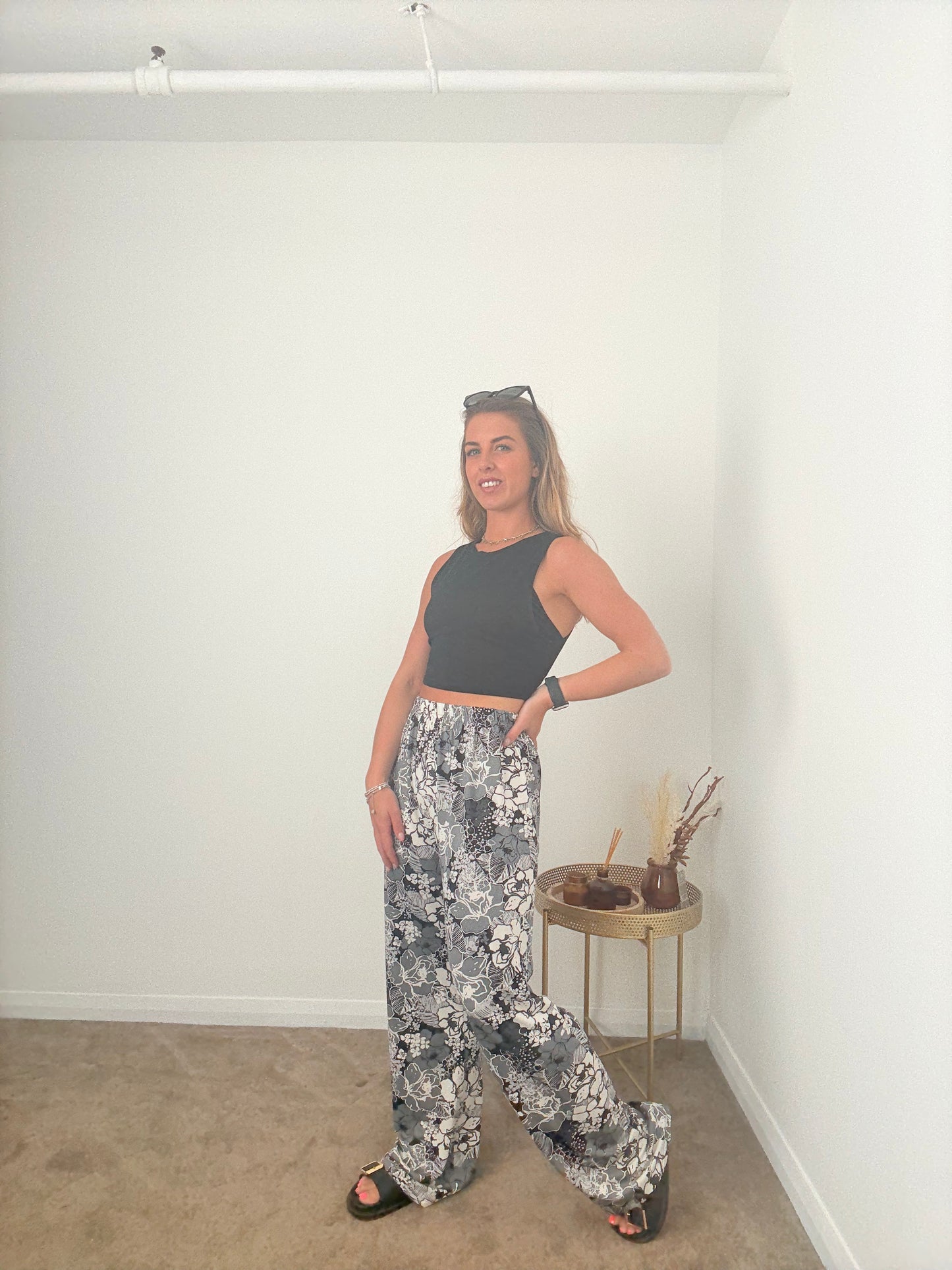 Black Floral Wide Leg Trousers