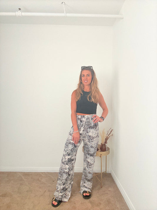 Black &Grey  Paisley Wide Leg Trousers