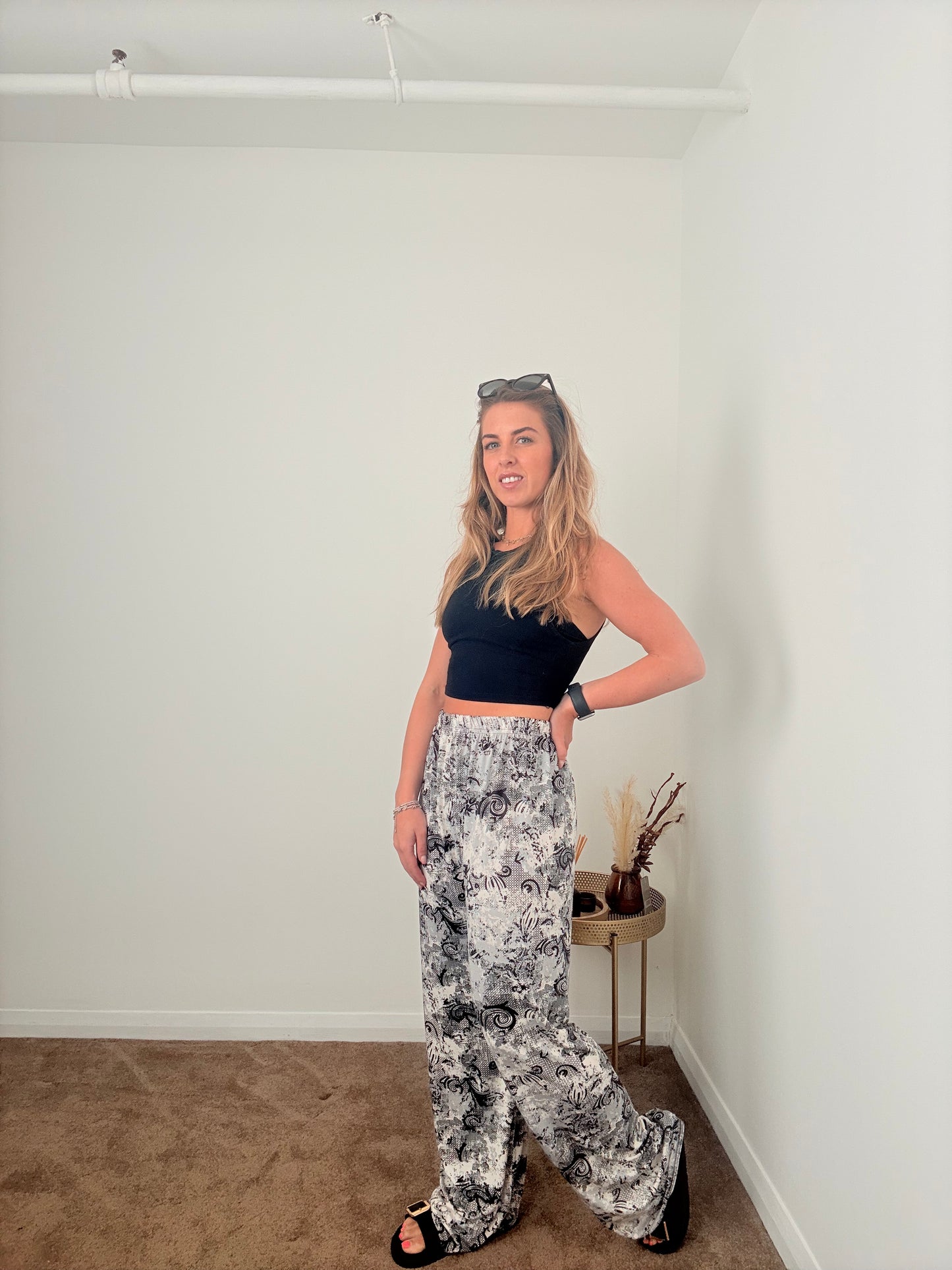 Black &Grey  Paisley Wide Leg Trousers