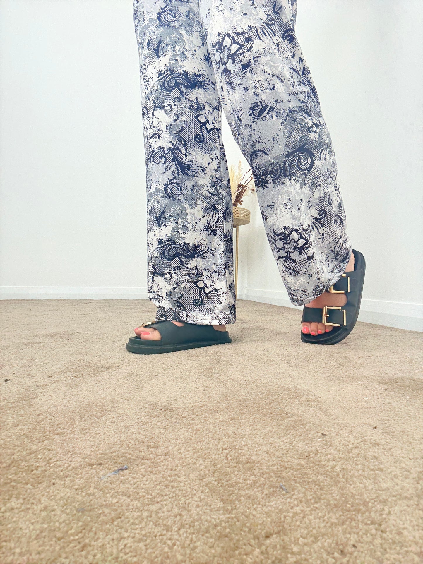 Black &Grey  Paisley Wide Leg Trousers