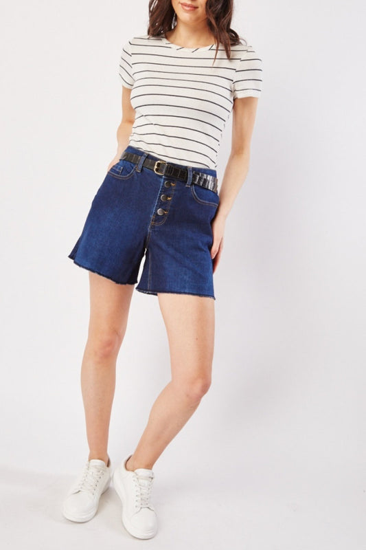 Button Front Raw Edge Denim Shorts