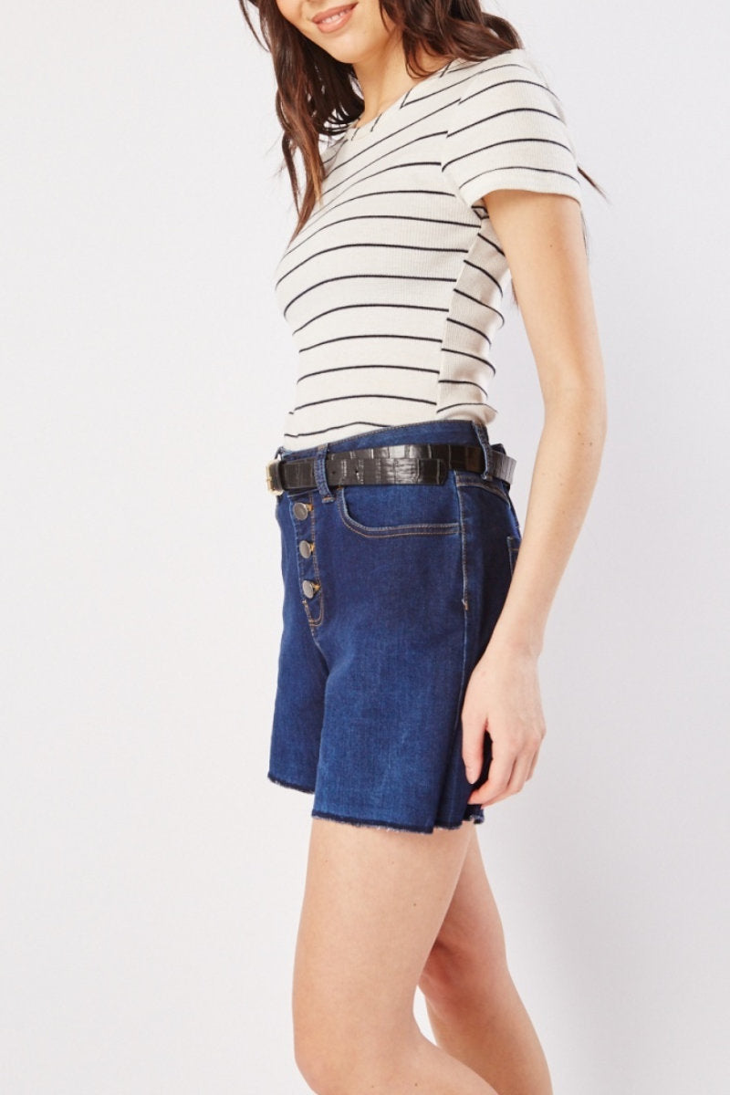 Button Front Raw Edge Denim Shorts