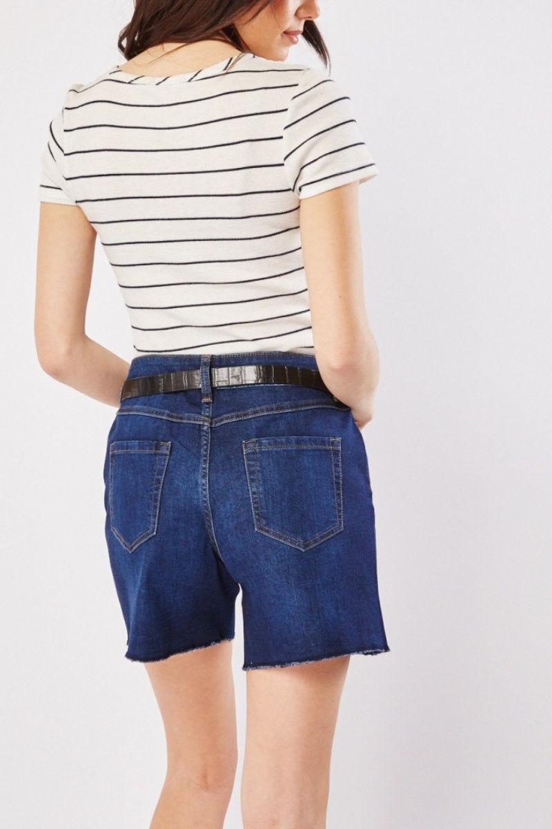 Button Front Raw Edge Denim Shorts