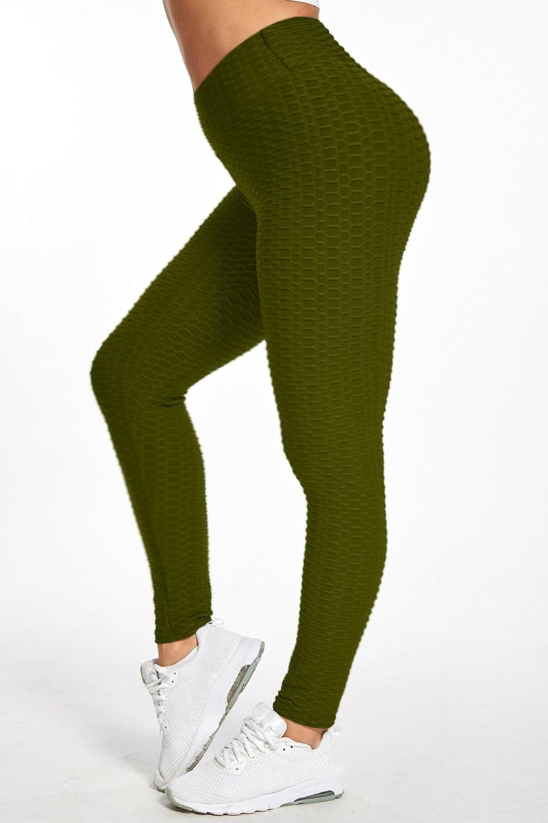 Waffle Texture Bubble High Waist Gym "TikTok" Leggings Dark Olive