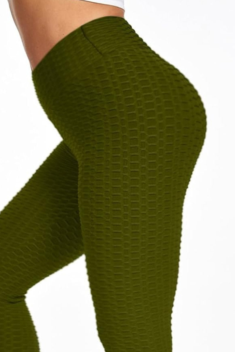 Waffle Texture Bubble High Waist Gym "TikTok" Leggings Dark Olive