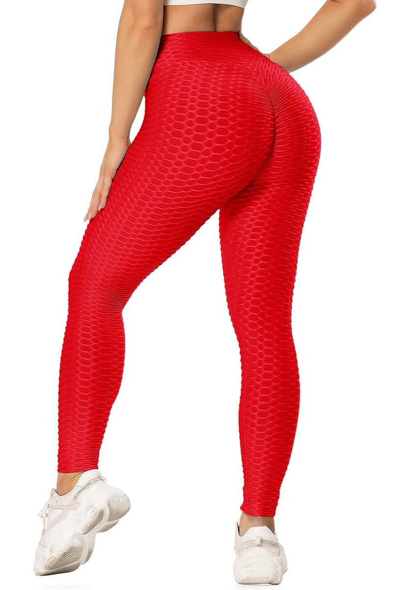 Waffle Texture Bubble High Waist Gym "TikTok" Leggings Red