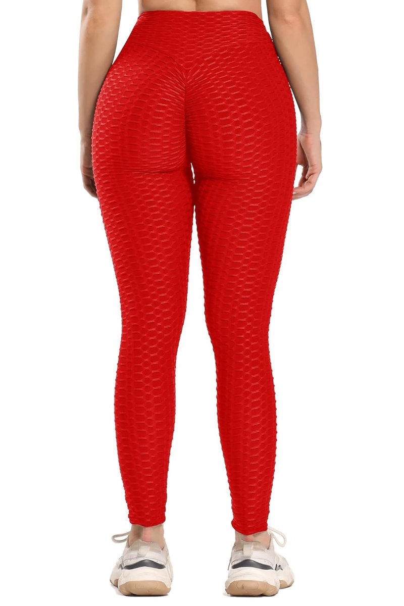 Waffle Texture Bubble High Waist Gym "TikTok" Leggings Red