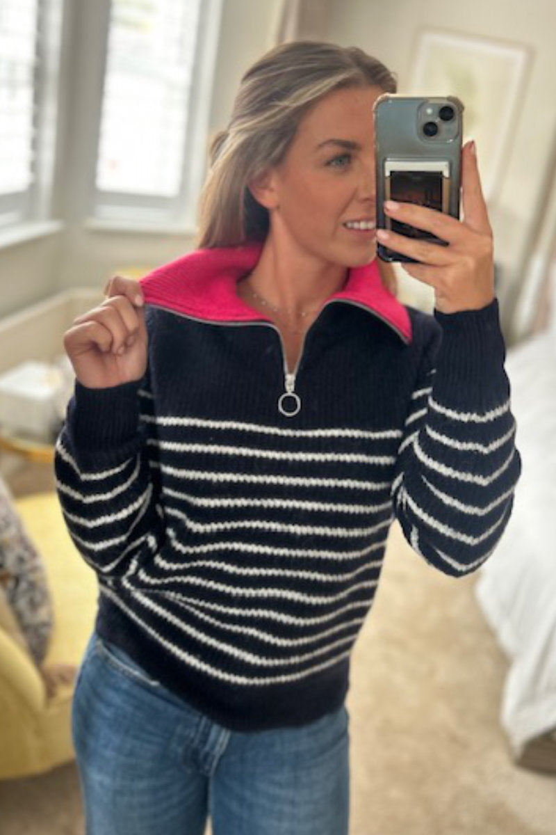 Naf Naf Zip Neck Navy Striped Jumper