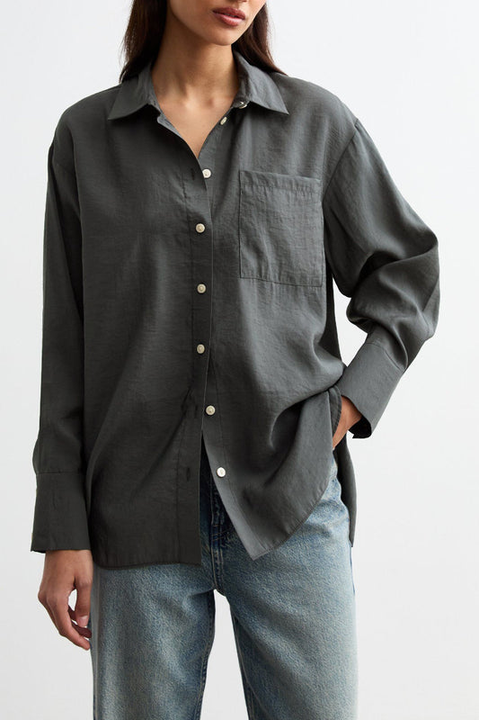 Ex New Look Textured Long Sleeve Pocket Shirt Grey