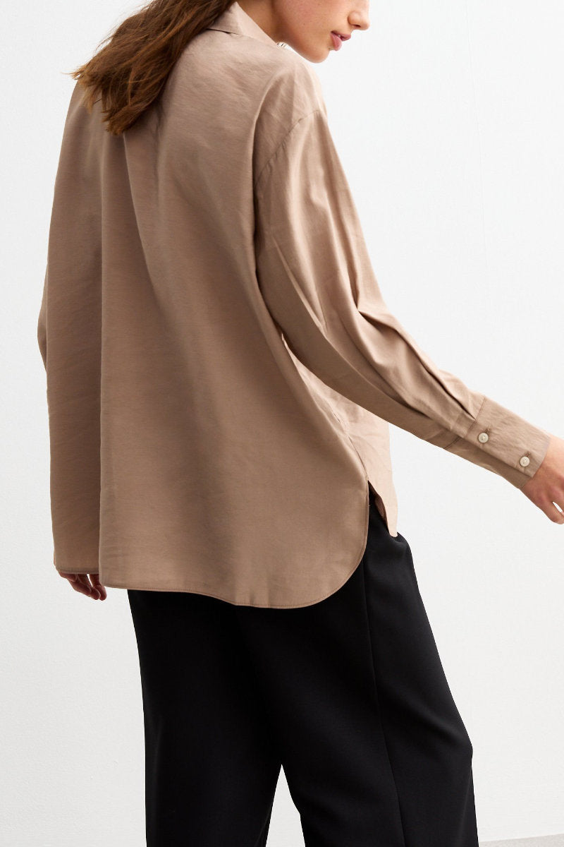 Ex New Look Textured Long Sleeve Pocket Shirt Camel