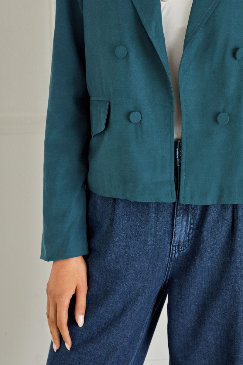 Famous Store Cropped Double Breasted Relaxed Fit Blazer Teal