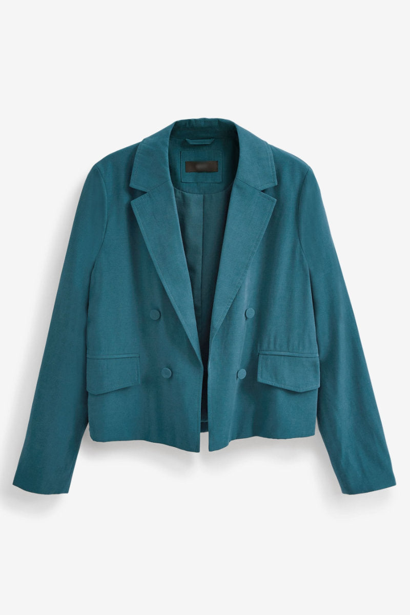 Famous Store Cropped Double Breasted Relaxed Fit Blazer Teal