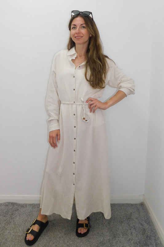 Supermarket Label Crinkle Linen Oatmeal Dress