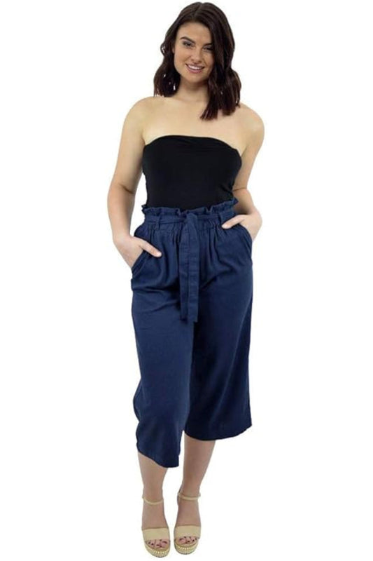 Ladies Paper Bag Waist 3/4 Cropped Summer Trouser Navy