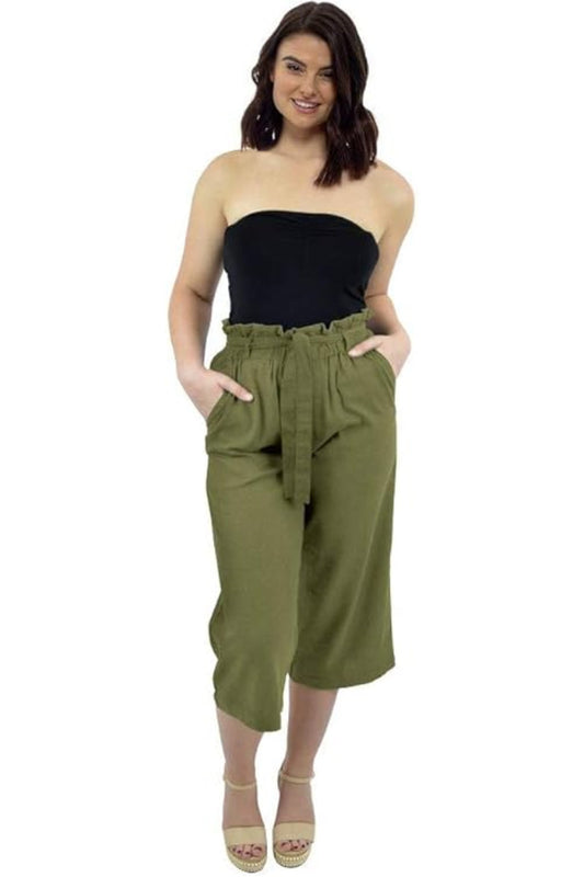 Ladies Paper Bag Waist 3/4 Cropped Summer Trouser Khaki