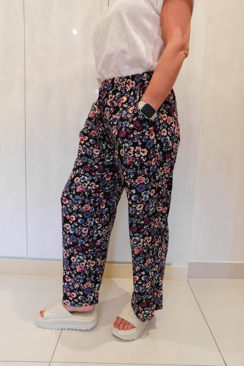 Famous Store Ladies Linen Blend Wide Leg Trousers Pink Floral