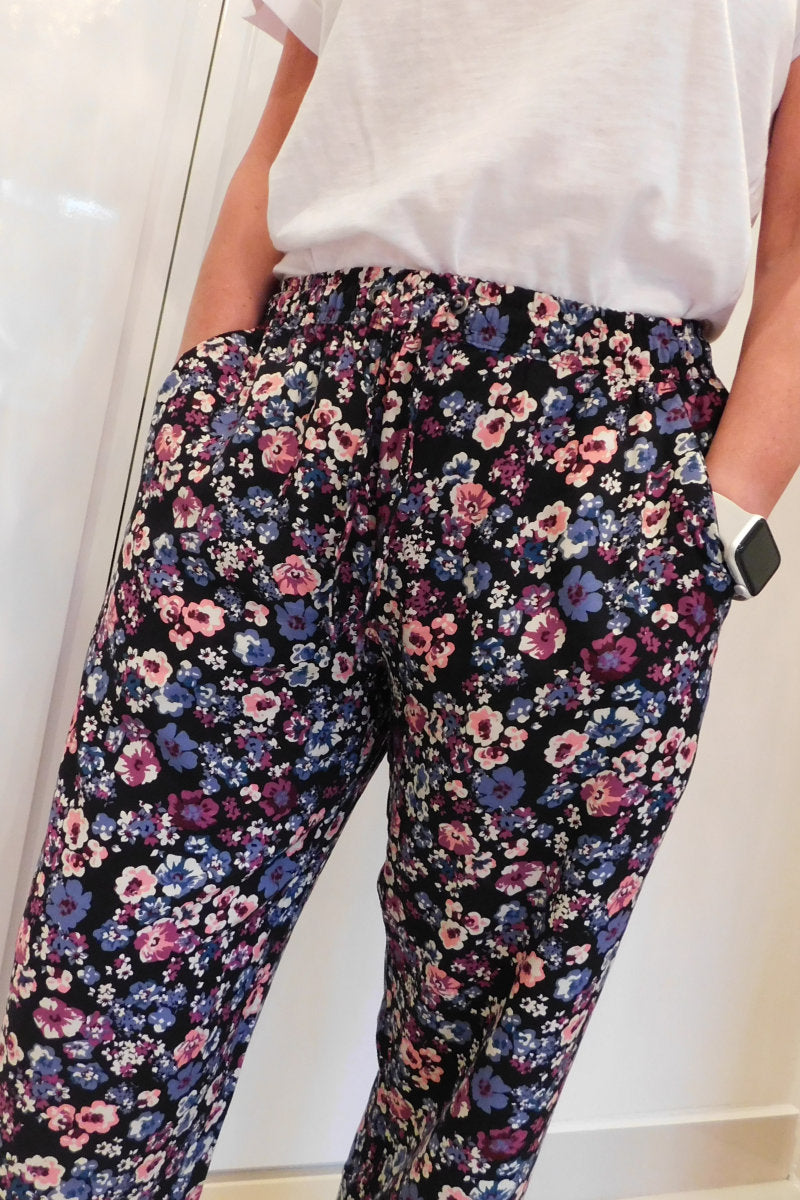 Famous Store Ladies Linen Blend Wide Leg Trousers Pink Floral