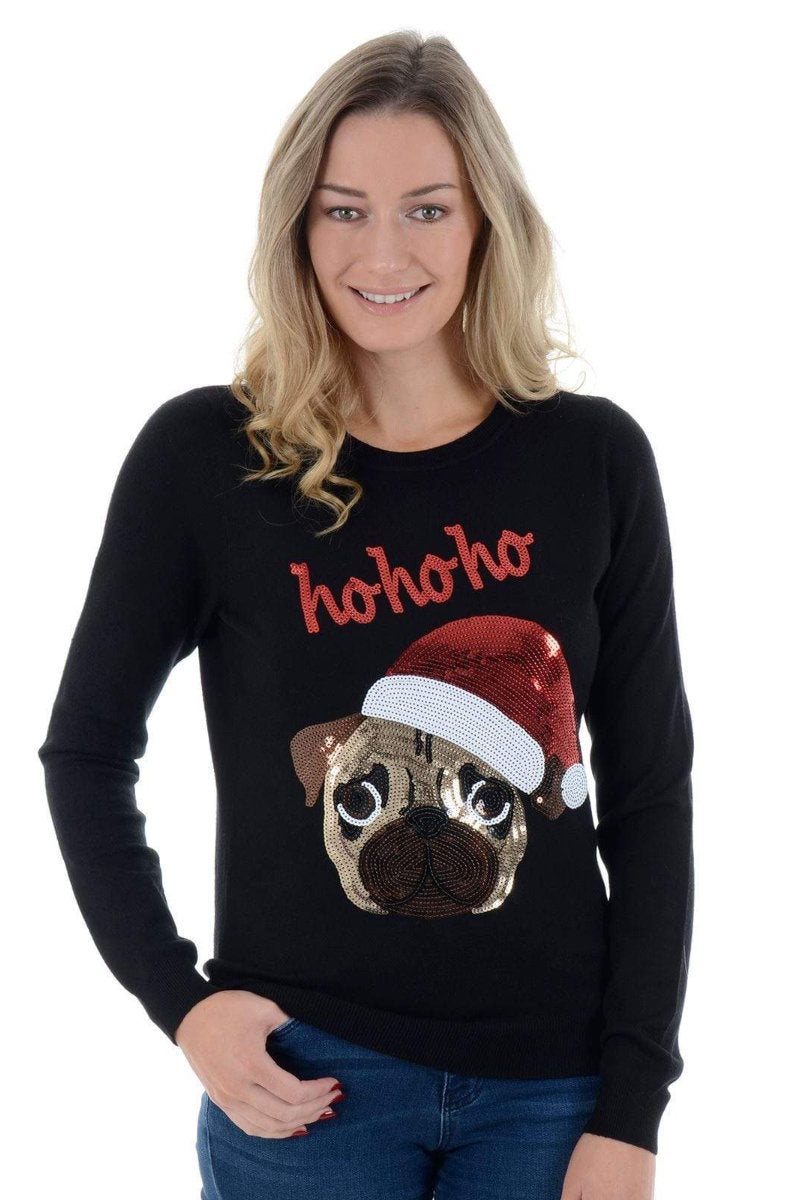 Ladies Christmas Black Pug Jumper