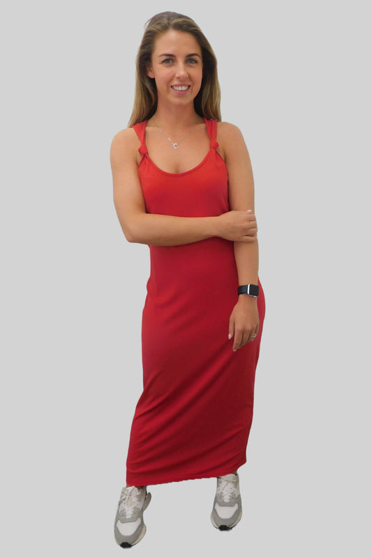 Famous Store Chic Knot Detail Ribbed Maxi Dress in Red