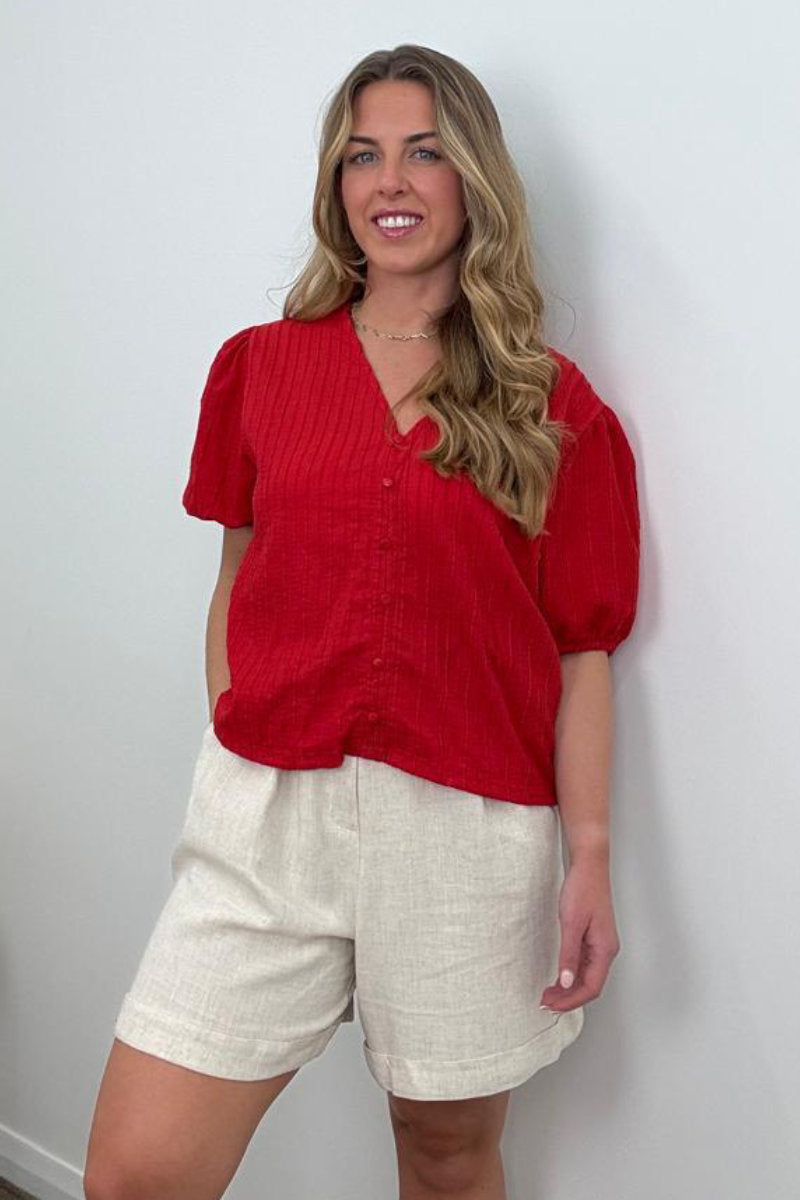 Supermarket Label Textured Button Front Top in Red