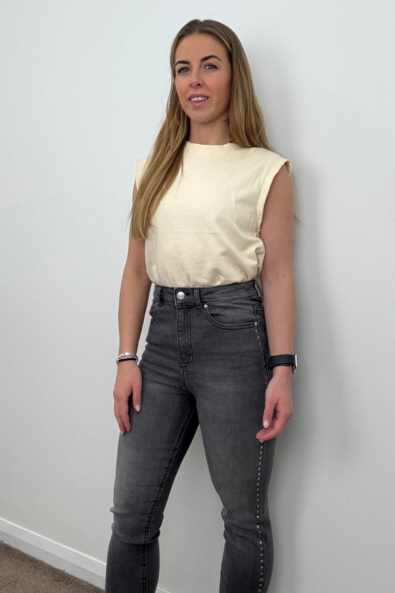 Famous Store Ladies Grey Studded Skinny Jeans