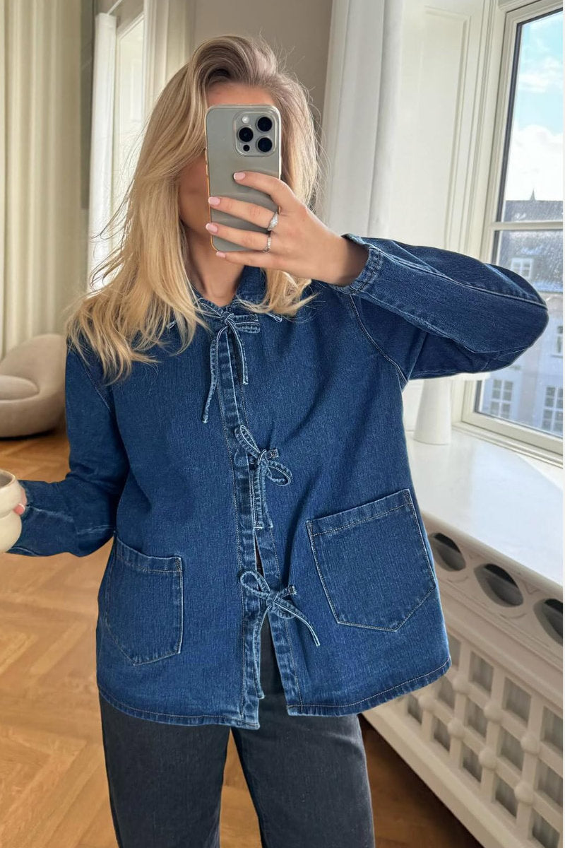 Ladies Tie Front Oversized Denim Shacket