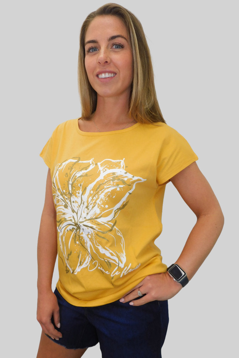 Ladies Vibrant Yellow Floral Tee with Inspirational Message