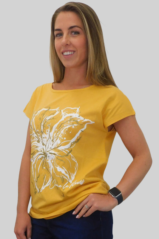 Ladies Vibrant Yellow Floral Tee with Inspirational Message